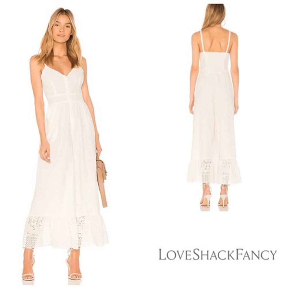 LoveShackFancy Eyelet Cotton Wide Leg Jumpsuit Womens White Size‎ 4